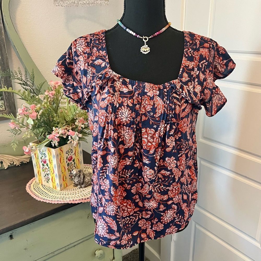 Old Navy Blue Coral Paisley Floral Flutter Ruffle Sleeve Boho Blouse Sz‎ XS